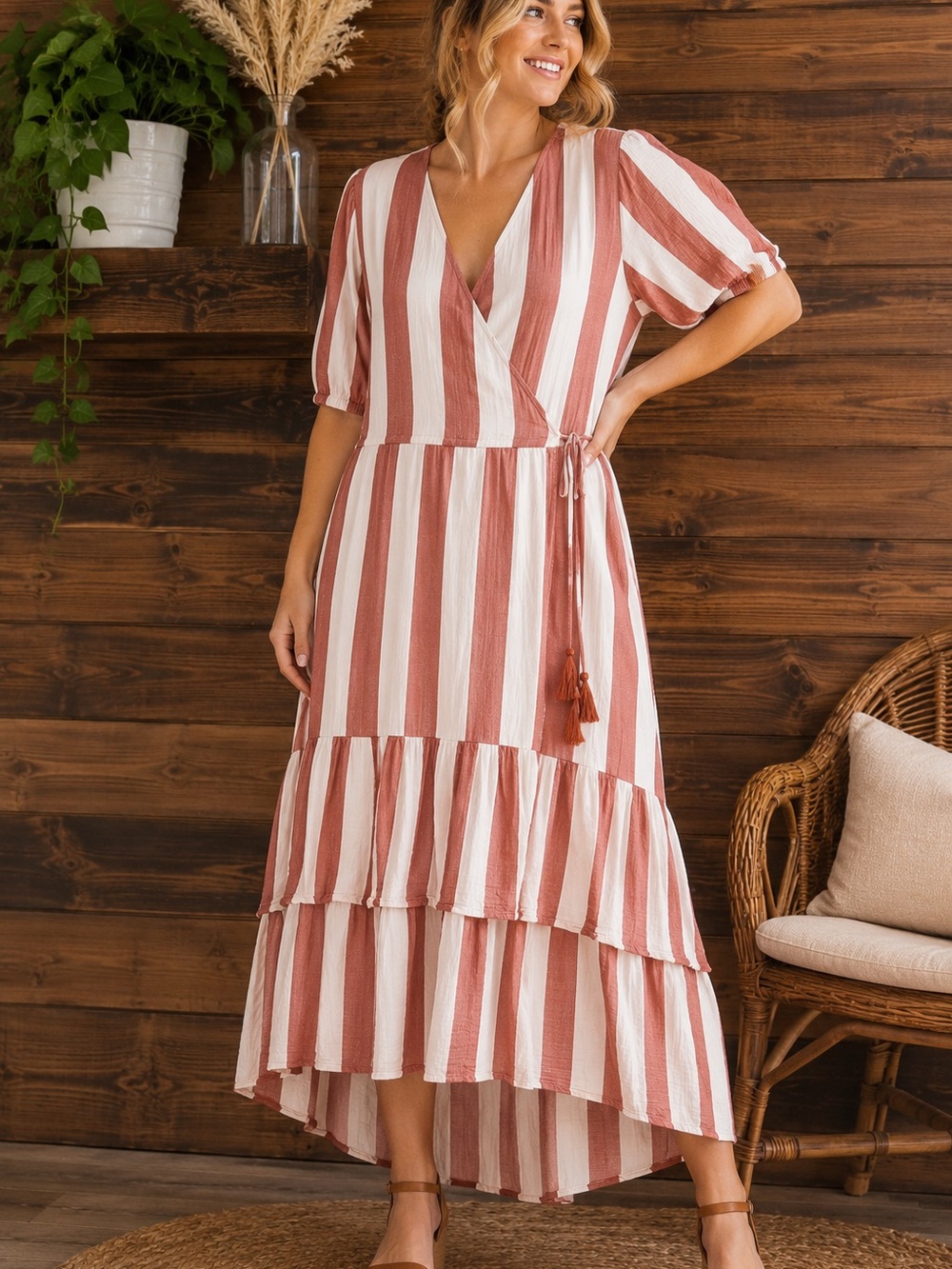 Knox Rose XXL Rust & Cream Striped Wrap Maxi Dress Boho Cottagecore